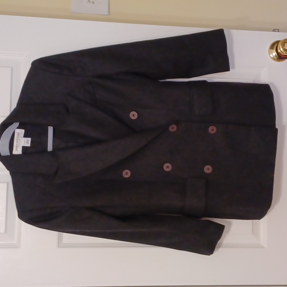 Jones NY, SZ 6P, deep charcoal gray, 100% wool, double-breasted blazer.